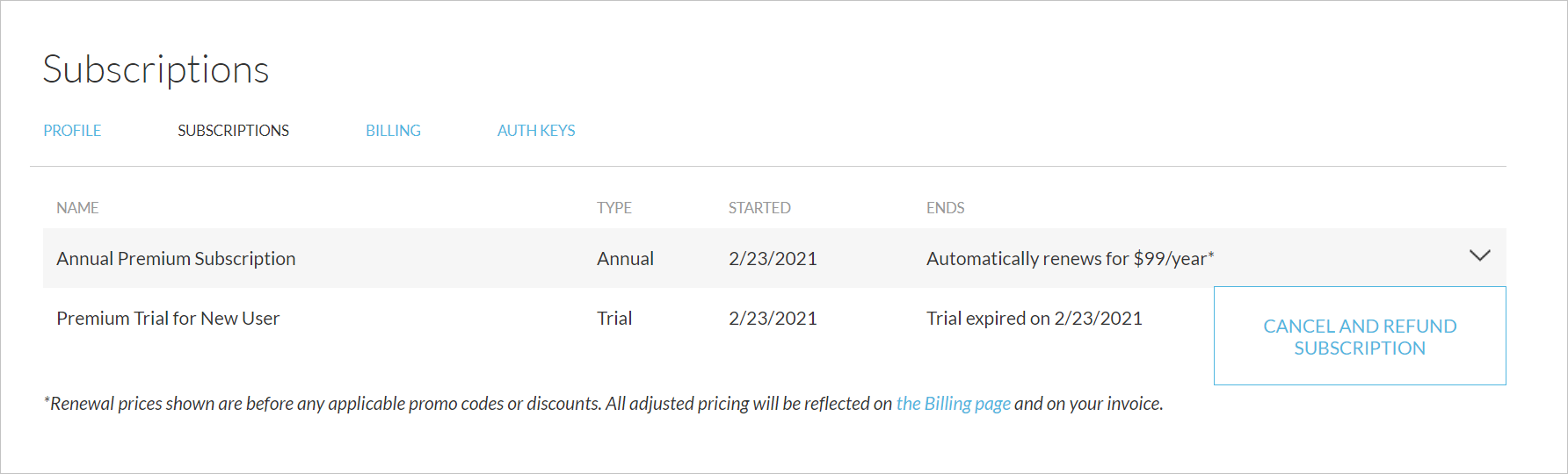 Example: Subscriptions view with full refund cancellation option shown